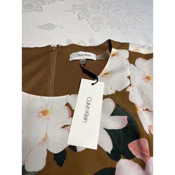 NWT - Calvin Klein Brown Floral Belted Handkerchief Hemline Dress Sz 14 - Picture 4 of 14